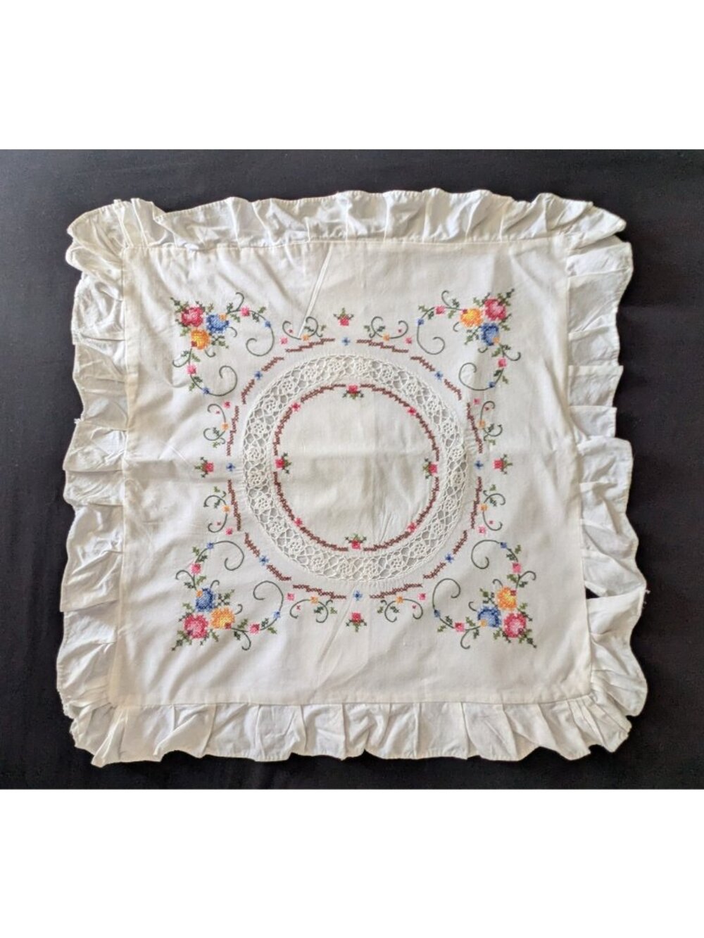 Vtg Embroidered Cross Stitch Pillow Case Cover 18" Square Floral Ruffled Edge